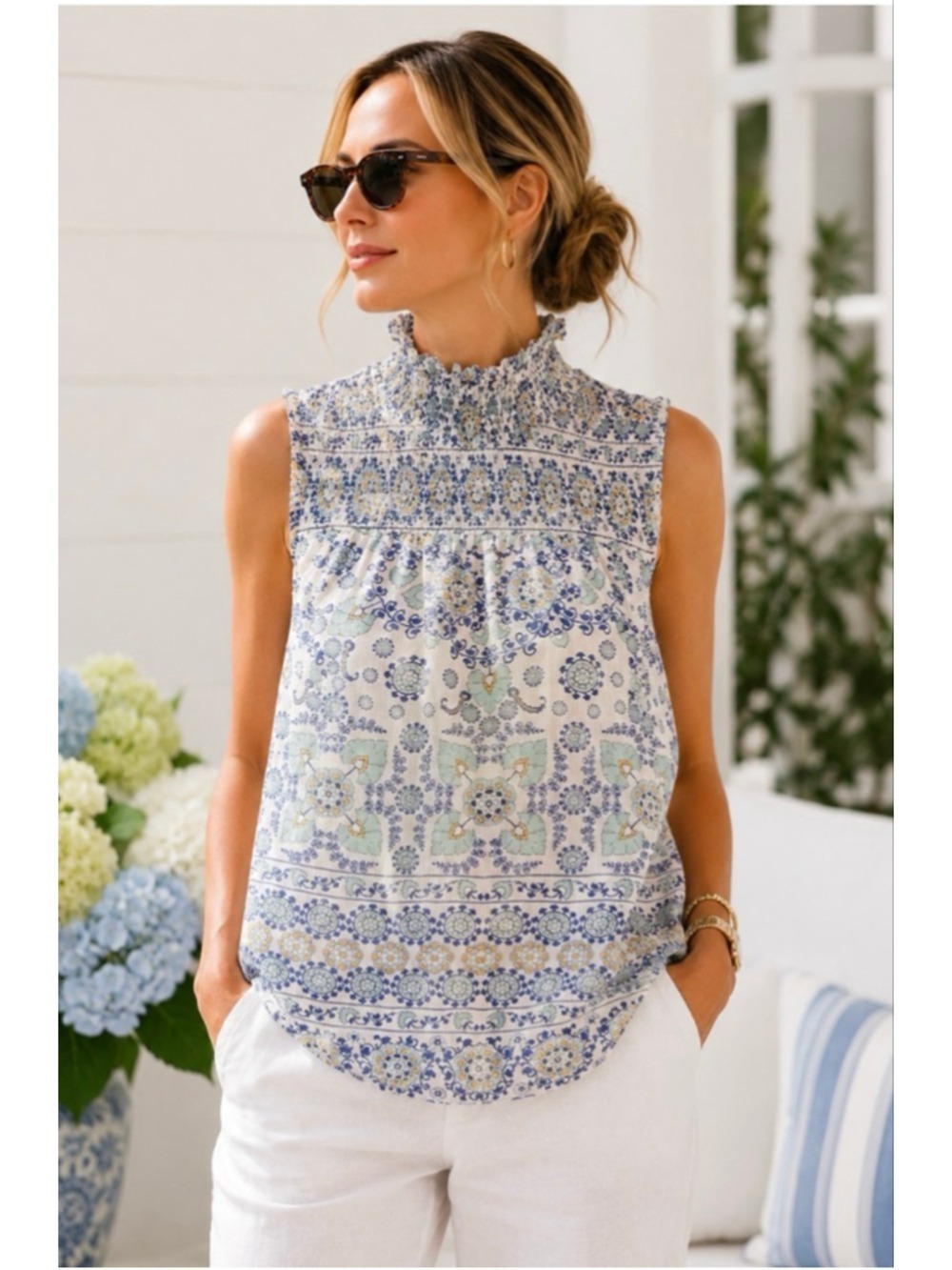 NWT Joie White & Blue Floral Smocked Sleeveless Tank Top L